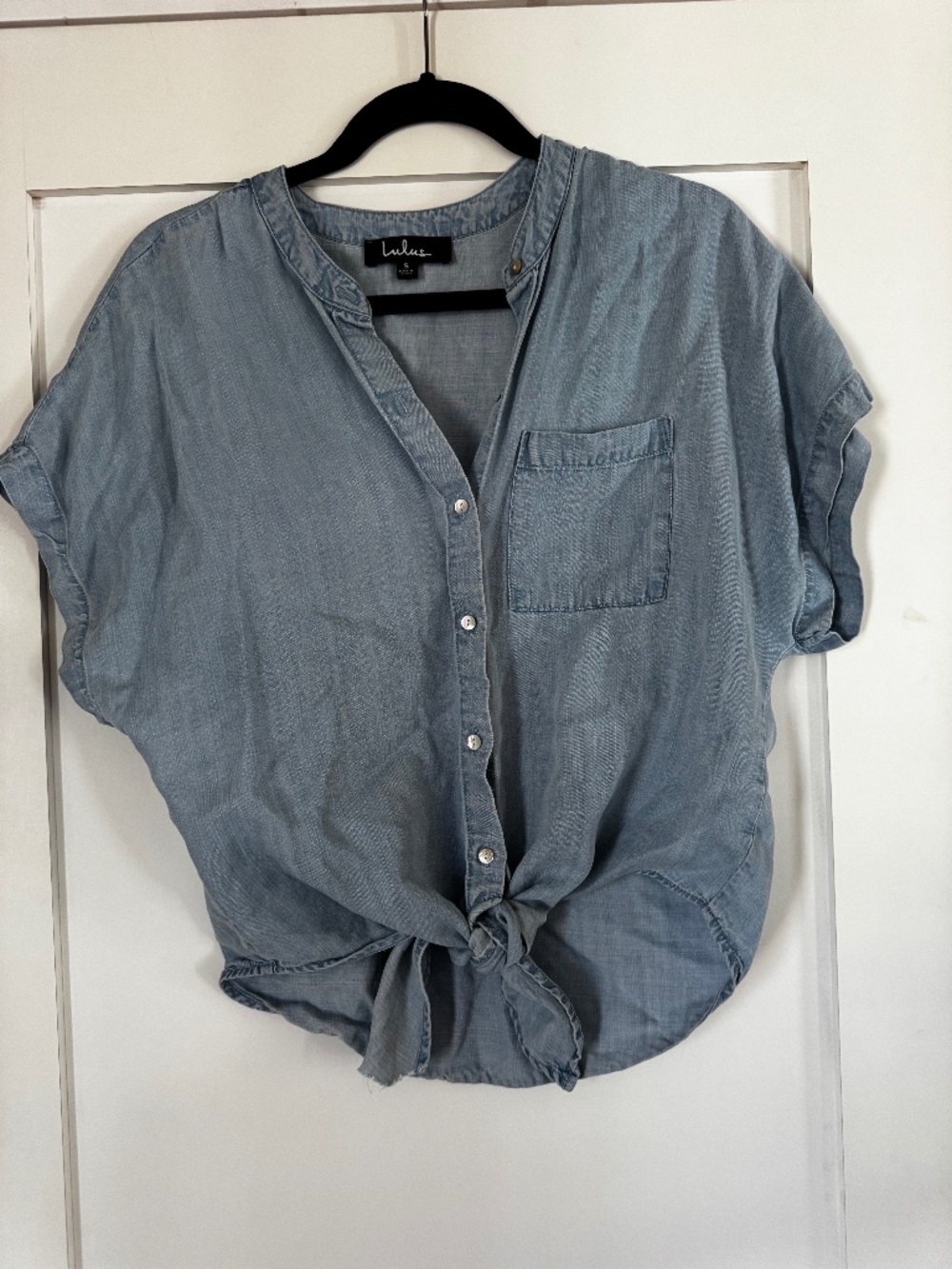 Lulus Chambray Blue Button Down Front Tie Oversized Short Sleeve Top